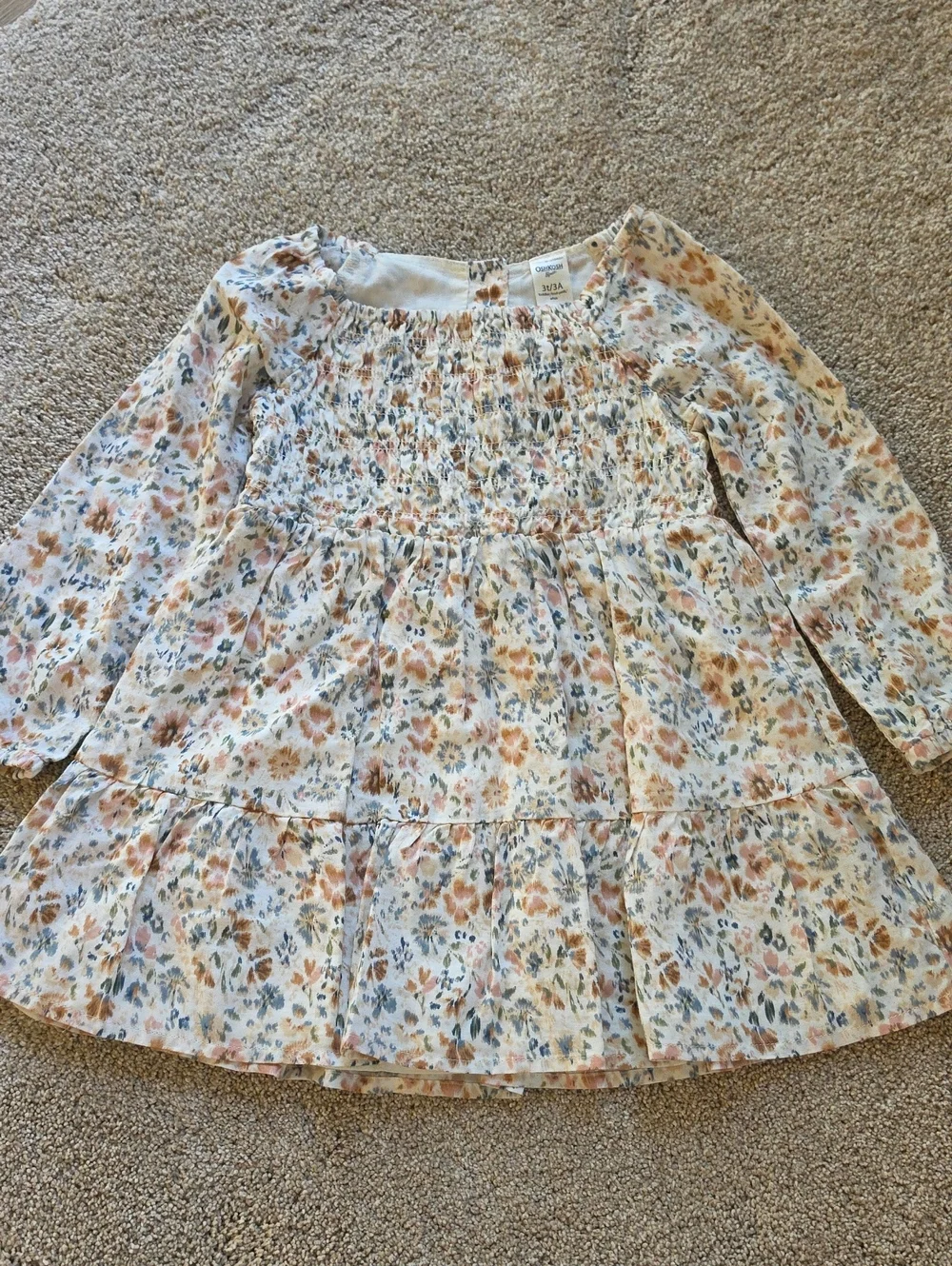 Floral Smocked Tiered Long Sleeve Dress - Cream, Blush & Blue